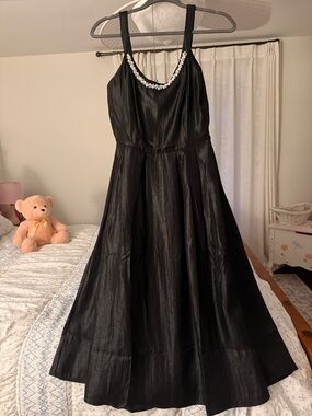 Flying Tomato Black Pearl Trim Midi Dress Size M Elegant Fit & Flare